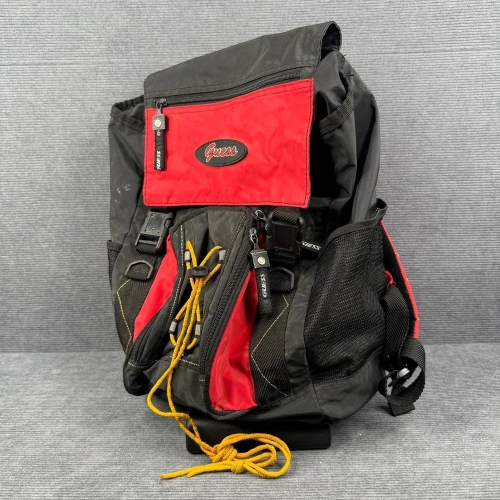 Vintage GUESS Backpack Red Black Nylon Hiking Rucksack School Bag 90s Y2K Gorp